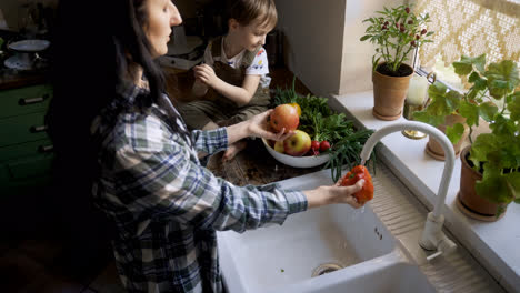 Caucasian-woman-washing-vegetables-and-fruits-in-the-sink.-Her-son-helps-to-her