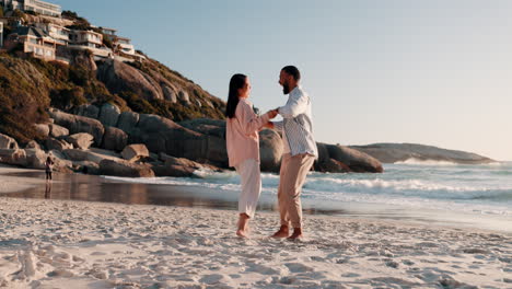 Beach,-dancing-and-couple-on-vacation-with-travel