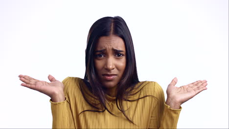 Confused,-choice-and-Indian-woman-shrug-with-hands