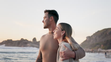 Couple,-hug-and-walk-on-beach-with-view