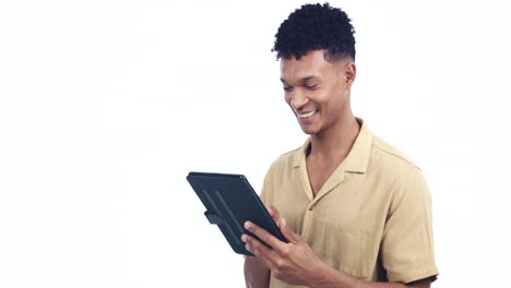 Man,-tablet-and-laugh-with-reading
