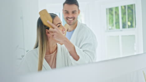 Happy-couple,-hair-and-brush-in-morning-grooming