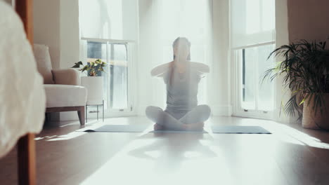 Yoga-balance,-morning-and-woman-in-home
