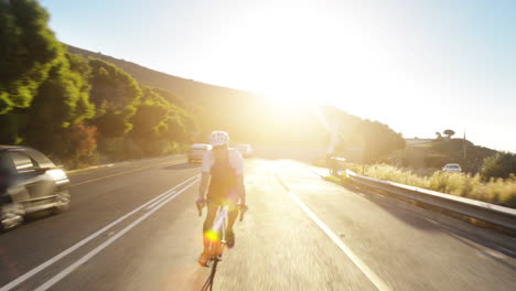 Hombre-Sano-Ciclismo-Bicicleta-De-Carretera-Al-Aire-Libre-Fitness-Steadicam-Shot