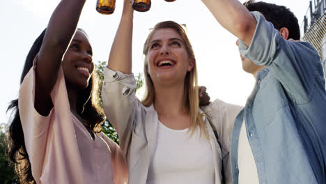 Amigos-Celebrando-Bebiendo-Cerveza-Levantando-Los-Brazos-Verano-Al-Aire-Libre