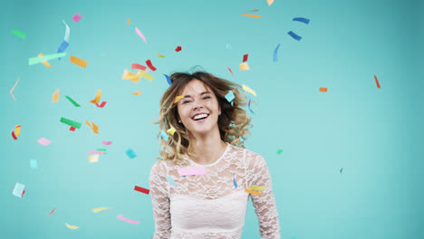 Beautiful-woman-dancing-in-multicolored-confetti-slow-motion-party-photo-booth