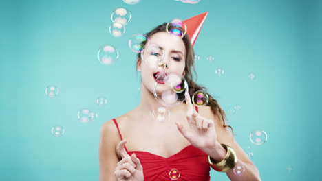 Crazy-face-woman-popping-bubble-shower-slow-motion-photo-booth-blue-background