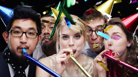 Multi-colored-mixed-race-group-people-confetti-shower-slow-motion-party-photo-booth