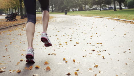 Close-up-feet-running-athletic-couple-runners-training-in-park