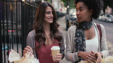 Two-beautiful-woman-friends-shopping-walking-through-city