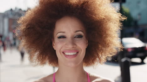 Slow-Motion-Portrait-of-funky-happy-mixed-race-woman-smiling
