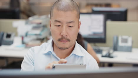 Japanese-Businessman-executive-working-at-computer-using-digital-tablet-connected-to-global-data-in-busy-corporate-office-committed-to-growth-and-success