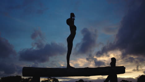 Silouette-Einer-Jungen-Frau-In-Yoga-Pose,-Meditierend,-Balancierend-Im-Hintergrund-Der-Abenddämmerung