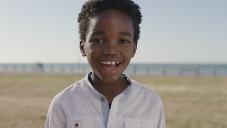 Nahaufnahme-Eines-Porträts-Eines-Süßen-Afroamerikanischen-Jungen,-Der-Fröhlich-Lacht-Und-In-Die-Kamera-Blickt-Und-Glücklich-Den-Sonnigen-Tag-Im-Park-Am-Meer-Genießt