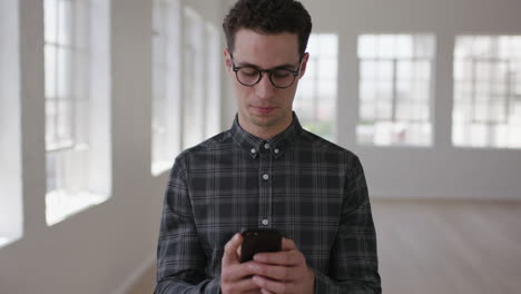 portrait-of-attractive-young-hipster-man-texting-browsing-social-media-using-smartphone-mobile-technology-wearing-glasses-in-new-apartment