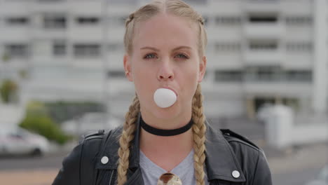 portrait-attractive-young-blonde-woman-blowing-bubblegum-looking-relaxed-enjoying-sunny-urban-day-wearing-stylish-leather-jacket-independent-female-in-city-slow-motion