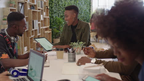 black-business-people-meeting-brainstorming-team-leader-woman-presenting-finance-data-using-tablet-technology-sharing-project-strategy-colleagues-working-together-in-office-boardroom