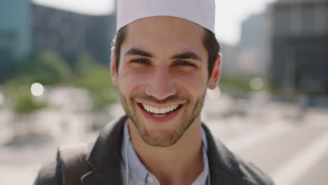 portrait-of-attractive-young-middle-eastern-man-student-laughing-cheerful-in-sunny-urban-city-enjoying-relaxed-commuting-wearing-kufi