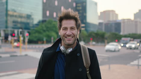 slow-motion-portrait-of-confident-caucasian-man-in-busy-city-street-smiling-cheerful-enjoying-urban-commuting-lifestyle