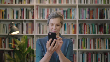 portrait-of-mature-caucasian-woman-texting-browsing-using-smartphone-looking-at-camera-in-library-bookshelf-background
