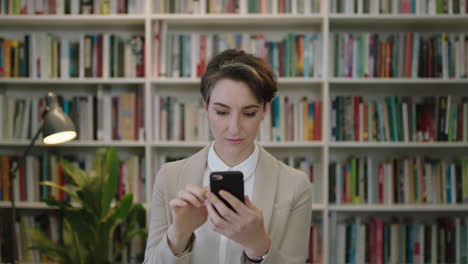 portrait-of-young-beautiful-business-woman-intern-texting-browsing-using-smartphone-mobile-networking-app-thinking-pensive-in-library-office-background