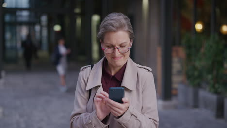 portrait-friendly-middle-aged-caucasian-woman-smiling-happy-enjoying-using-smartphone-in-city-browsing-messages-texting-on-mobile-phone-wearing-glasses-slow-motion