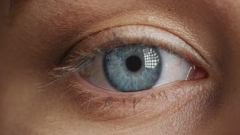 Makro-Nahaufnahme,-Blaues-Auge,-Blinkend,-Natürliche-Menschliche-Schönheit,-Gesundes-Sehvermögen-Konzept
