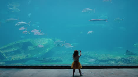 Mädchen-Fotografiert-Fische-Im-Aquarium-Mit-Dem-Smartphone,-Fotografiert-Meerestiere,-Die-Im-Becken-Schwimmen,-Lernt-Etwas-über-Das-Leben-Im-Meer-Im-Wasserlebensraum-Und-Hat-Spaß-Im-Ozeanarium