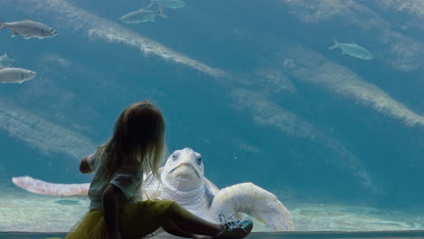 Kleines-Mädchen-Im-Aquarium-Beobachtet-Meeresschildkröten-Beim-Schwimmen-Im-Aquarium.-Neugieriges-Kind-Hat-Spaß-Beim-Beobachten-Von-Schwimmenden-Fischen.-Kind-Schaut-Sich-Das-Meeresleben-Im-Wasserlebensraum-Des-Ozeanariums-An