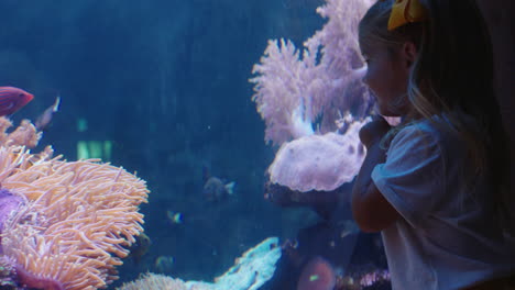 Mutter-Mit-Kleinem-Mädchen-Im-Aquarium,-Die-Fische-Im-Aquarium-Betrachtet.-Aufgeregt-Beobachtet-Das-Kind-Neugierig-Meerestiere-Und-Hat-Spaß-Daran,-Mit-Mama-Im-Ozeanarium-Etwas-über-Das-Leben-Im-Meer-Zu-Lernen