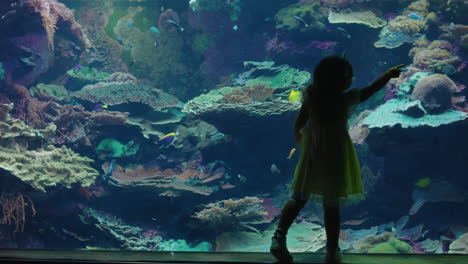 Junges-Mädchen-Im-Aquarium,-Das-Fische-Beobachtet,-Die-Im-Aquarium-Schwimmen.-Neugieriges-Kind,-Das-Das-Meeresleben-Im-Ozeanarium-Corel-Reef-Habitat-Betrachtet-Und-Spaß-Beim-Lernen-Von-4k-Hat