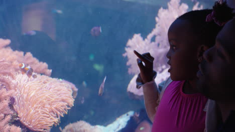Kleines-Mädchen-Mit-Vater-Im-Aquarium-Und-Blick-Auf-Fische,-Die-Im-Corel-Riff-Schwimmen.-Neugieriges-Kind,-Das-Meerestiere-Beobachtet-Und-Es-Genießt,-Mit-Papa-Im-Ozeanarium-Etwas-über-Das-Leben-Im-Meer-Zu-Lernen