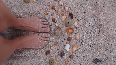Nahaufnahme-Der-Füße-Einer-Frau,-Die-Muscheln-Am-Strand-Sammelt-Und-Die-Wunderschöne-Natürliche-Vielfalt-Genießt,-Die-Muster-Auf-Sand-Formt