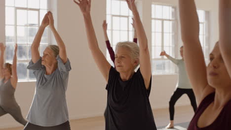 Clase-De-Yoga-Anciana-Sana-Practicando-Pose-Guerrera-Disfrutando-Del-Entrenamiento-Grupal-En-El-Gimnasio