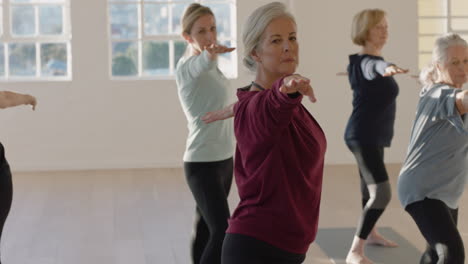 Ältere-Frauen-Im-Yoga-Kurs-üben-Einen-Gesunden-Lebensstil-Aus-Und-üben-Kriegerpose-Und-Genießen-Das-Gruppenfitnesstraining-Im-Studio