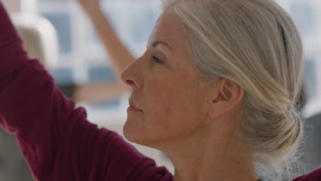 Retrato-De-Clase-De-Yoga-Hermosa-Anciana-Ejerciendo-Un-Estilo-De-Vida-Saludable-Practicando-Pose-De-Guerrero-Disfrutando-De-Un-Entrenamiento-Físico-En-Grupo-En-El-Estudio