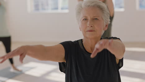 Yoga-Kurs,-Schöne-ältere-Frau,-Die-Einen-Gesunden-Lebensstil-übt,-Krieger-Pose-übt-Und-Gruppenfitness-Workout-Im-Studio-Genießt