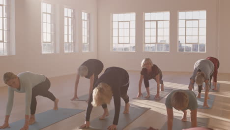 Yoga-Kurs-Von-Gesunden,-Reifen-Frauen-üben-Plank-Pose-Und-Genießt-Das-Morgendliche-Fitnesstraining-Im-Studio-Bei-Sonnenaufgang