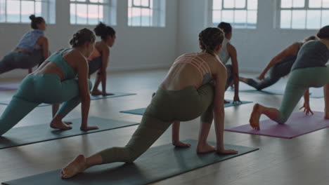 Yoga-Kurs-Mit-Gesunden-Frauen,-Die-Bei-Sonnenaufgang-Im-Fitnessstudio-Halbmond-Longe-Pose-üben-Und-Frühmorgendliche-Übungen-Genießen