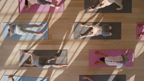 above-view-yoga-class-healthy-women-practicing-downward-facing-dog-pose-enjoying-fitness-lifestyle-exercising-in-studio-at-sunrise