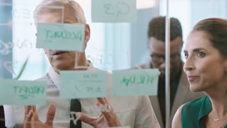 business-people-using-sticky-notes-through-glass-mature-team-leader-man-brainstorming-with-colleagues-working-on-solution-discussing-strategy-for-project-deadline-teamwork-in-office-management-meeting-4k