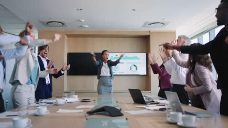 funny-business-woman-celebrating-in-boardroom-successful-corporate-victory-colleagues-applause-in-office-meeting-sales-team-enjoying-winning-success-4k