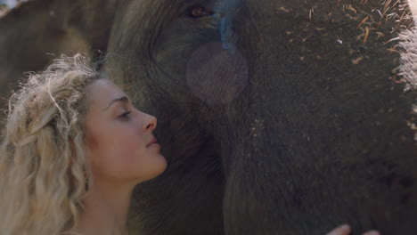 Mujer-De-La-Naturaleza-Tocando-Elefante-Acariciando-Compañero-Animal-Disfrutando-De-La-Amistad-4k