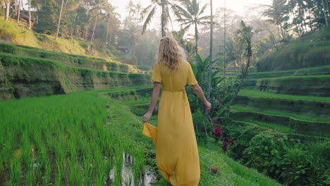 Reisefrau-Im-Reisfeld-In-Gelbem-Kleid,-Die-Auf-Der-Reisterrasse-Spaziert-Und-Die-Kulturlandschaft-Im-Exotischen-Urlaub-Durch-Bali,-Indonesien,-Entdeckt