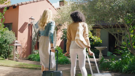 two-woman-friends-arriving-at-hotel-villa-with-trolly-bags-enjoying-summer-vacation-at-beautiful-country-house-excited-for-holiday-4k-footage