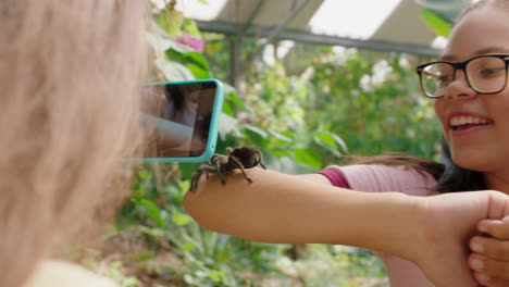 young-girl-holding-tarantula-spider-with-friend-taking-photo-using-smartphone-sharing-zoo-excursion-on-social-media-learning-about-arachnids-at-wildlife-sanctuary-4k