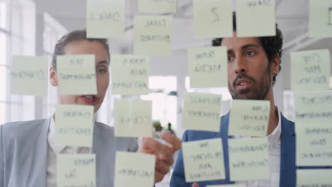 corporate-business-team-using-sticky-notes-brainstorming-problem-solving-strategy-on-glass-whiteboard-thinking-of-solution-for-project-deadline-in-office