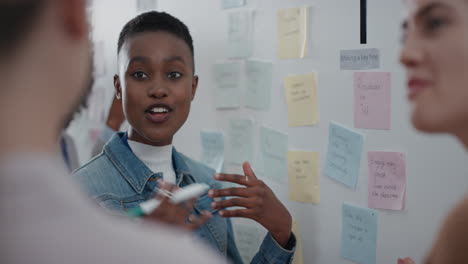 african-american-business-woman-using-sticky-notes-brainstorming-with-colleagues-in-meeting-team-leader-sharing-creative-problem-solving-ideas-for-solution-enjoying-teamwork-in-startup-office