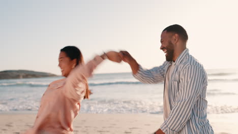 Beach,-dancing-and-couple-smile-on-vacation