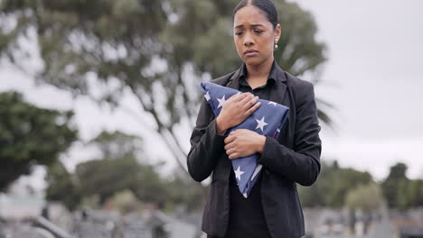 Funeral,-death-and-american-flag-with-a-woman